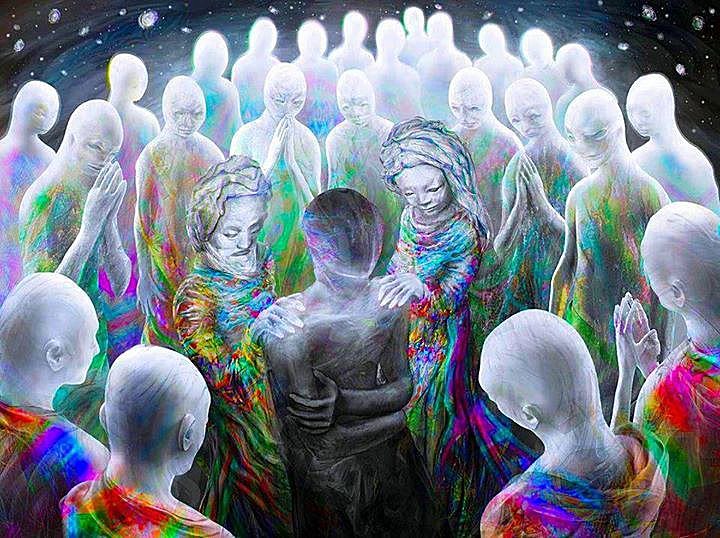 Spirit Beings standing around sick person to represent Celestial Gathering