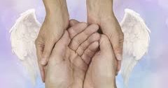 Angel wings on hands, helping another.